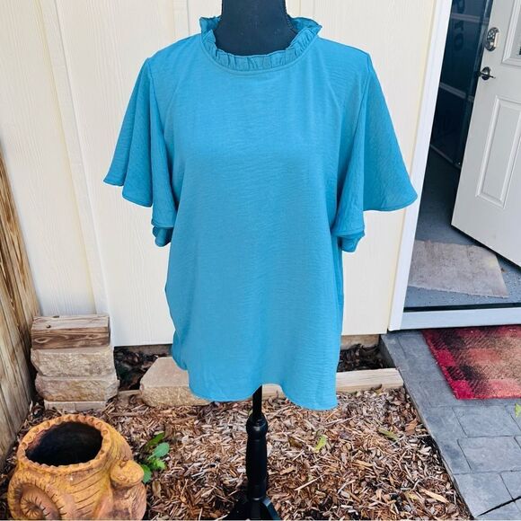 Aifer Turquoise Ruffle Collar Blouse w button closure in back & Flutter sleeves - Picture 7 of 12